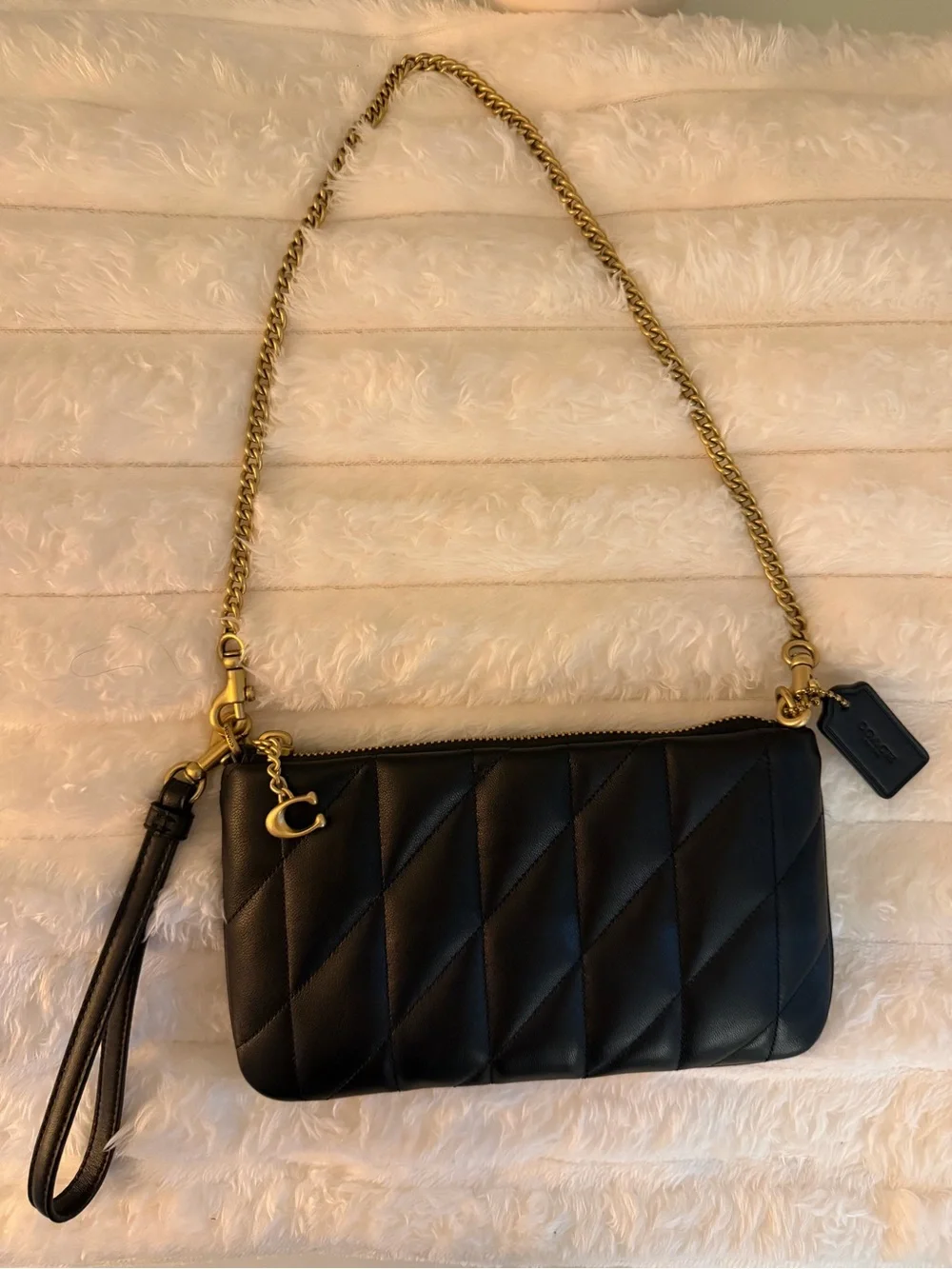 Coach Black Quilted Leather Wristlet with Gold Chain Strap